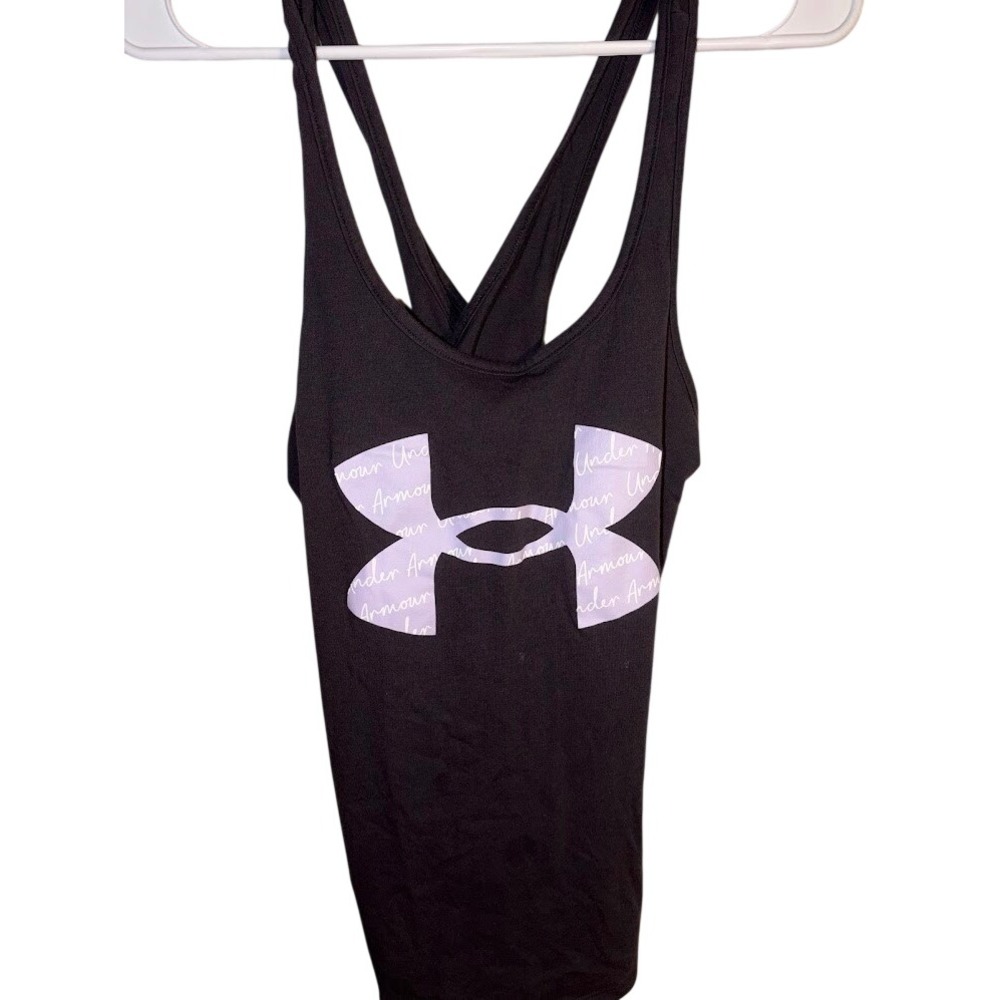 Under Armour Womens HeatGear Loose Fit Racerback Tank Top Black Purple Logo MD‎